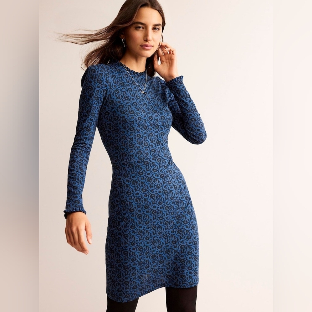 Boden Blue Patterned Long Sleeve Dress